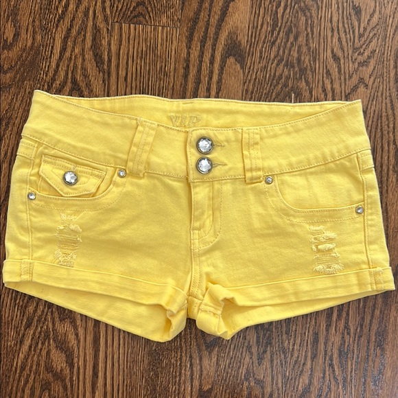 VIP Pants - VIP Yellow Jean Shorts with Frayed Hem